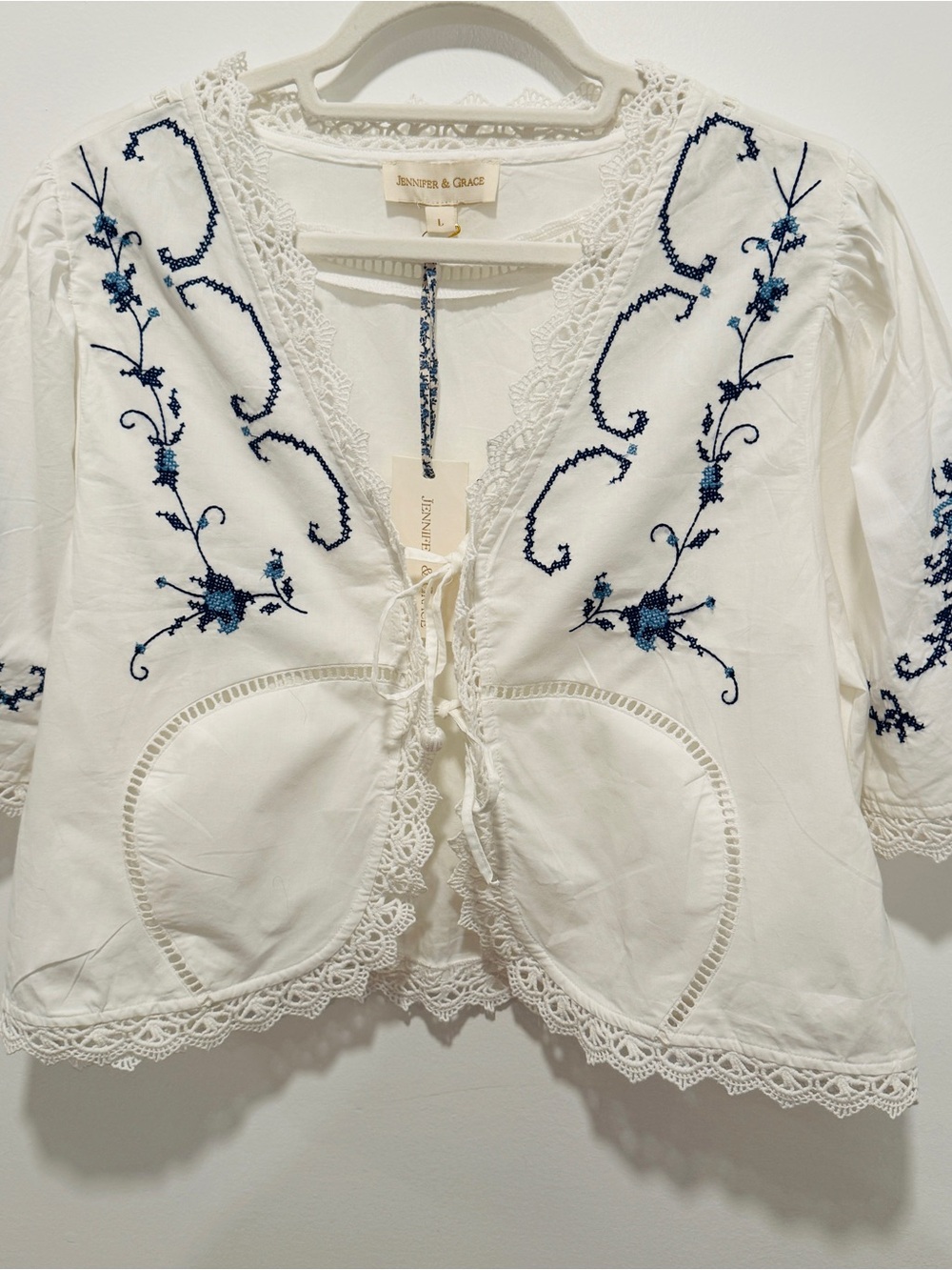 NWT Jennifer & Grace Embroidered Cotton Lace Tie Front Bolero Cardigan L